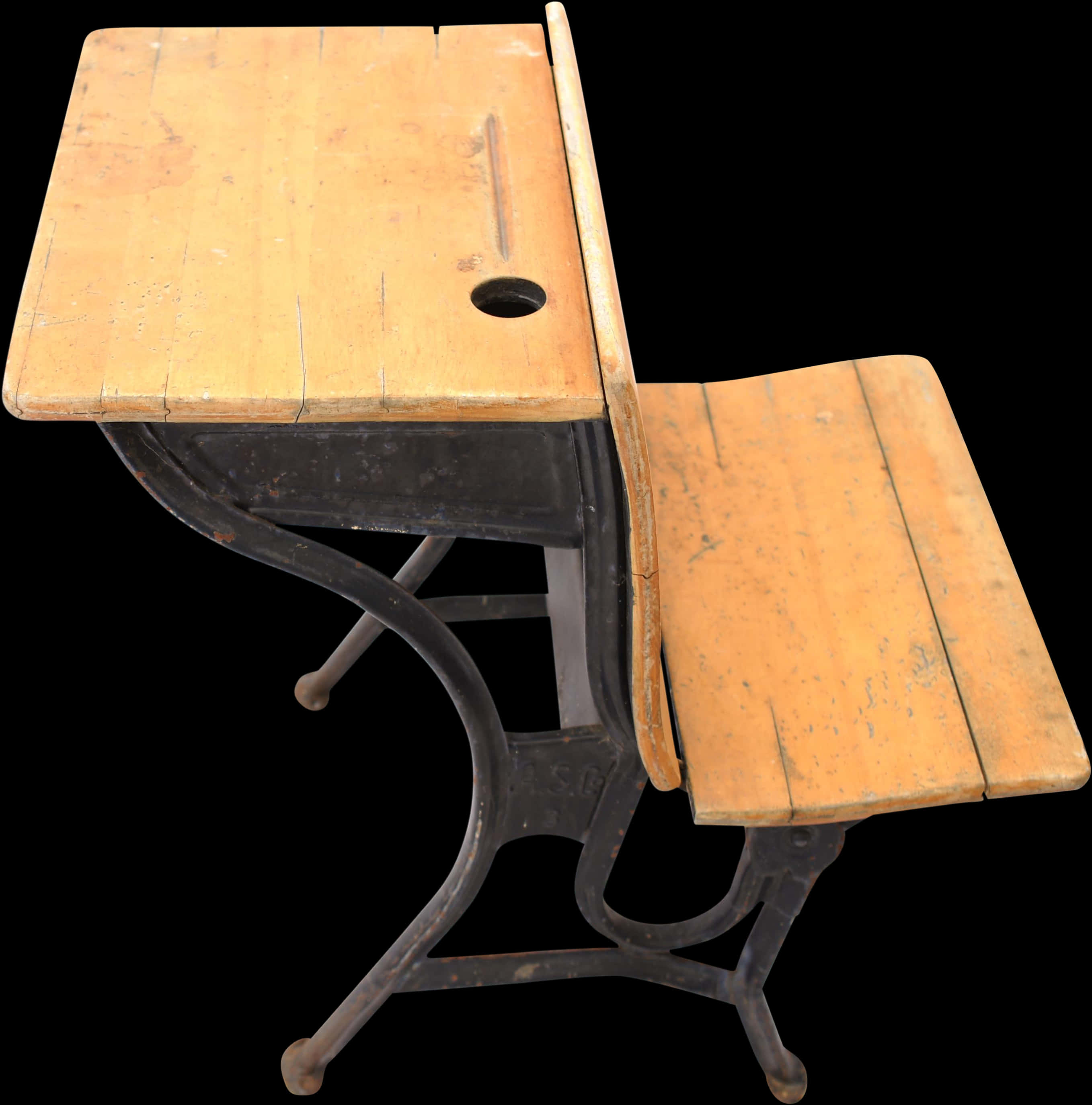 Vintage School Deskwith Attached Chair PNG
