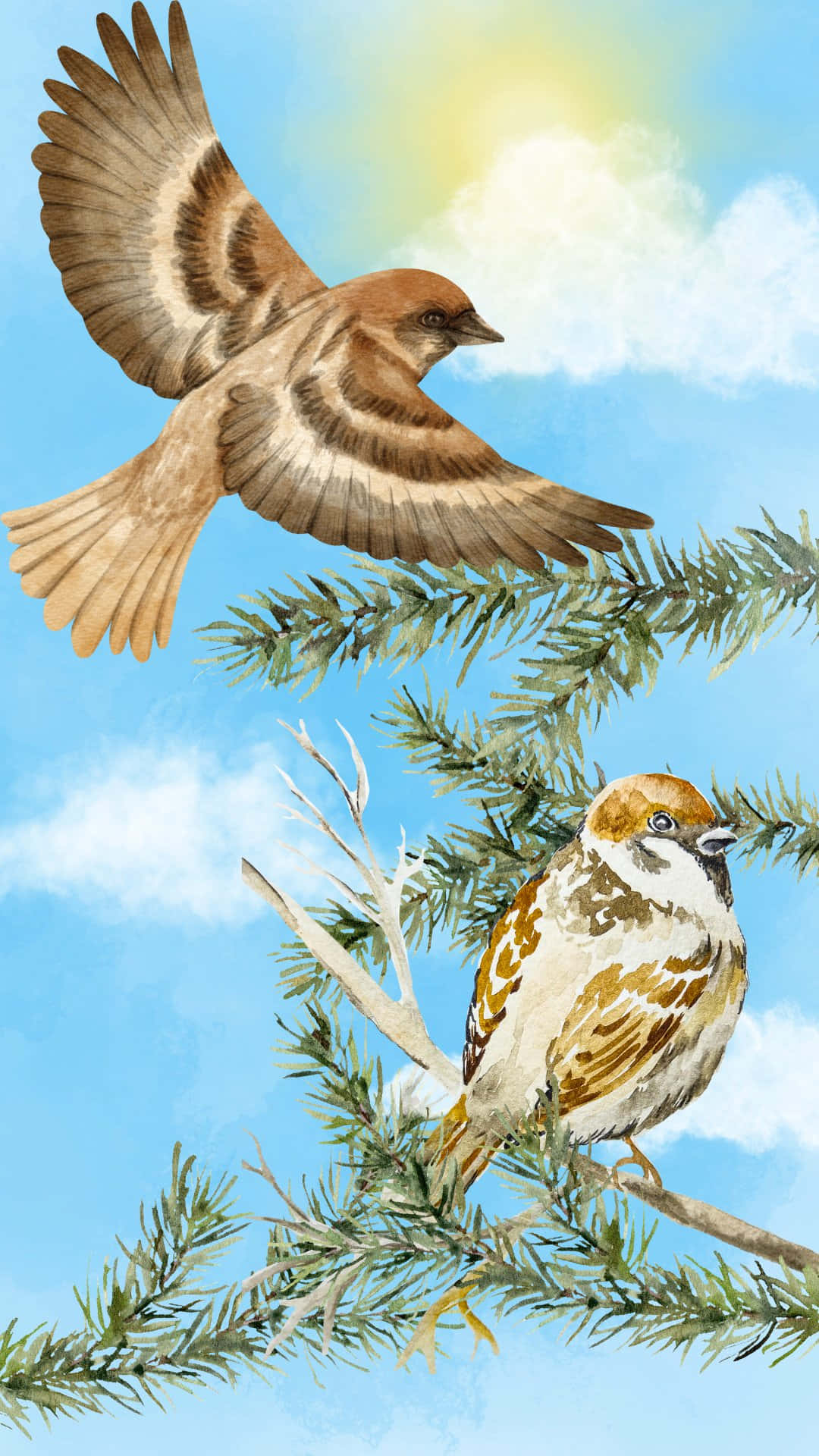 Vintage_ Sparrows_in_ Sky Wallpaper