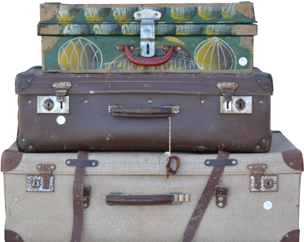 Vintage Suitcase Stack PNG — Three stacked vintage suitcases with worn leather and painted patterns show travel history against a stark white background.