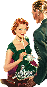 Vintage Tea Time Couple Illustration PNG