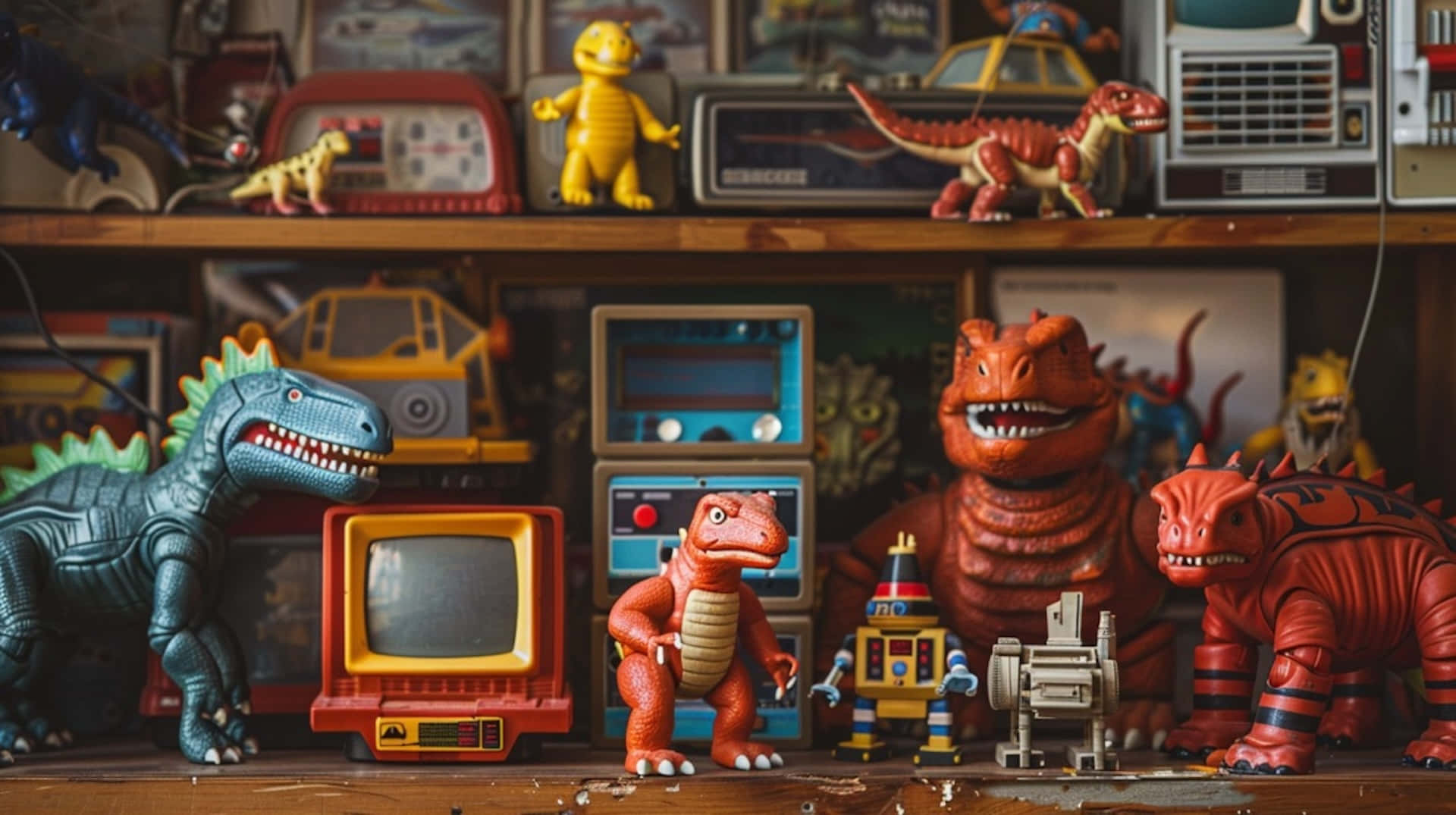 Vintage Toy Collection Dinosaursand Robots Wallpaper