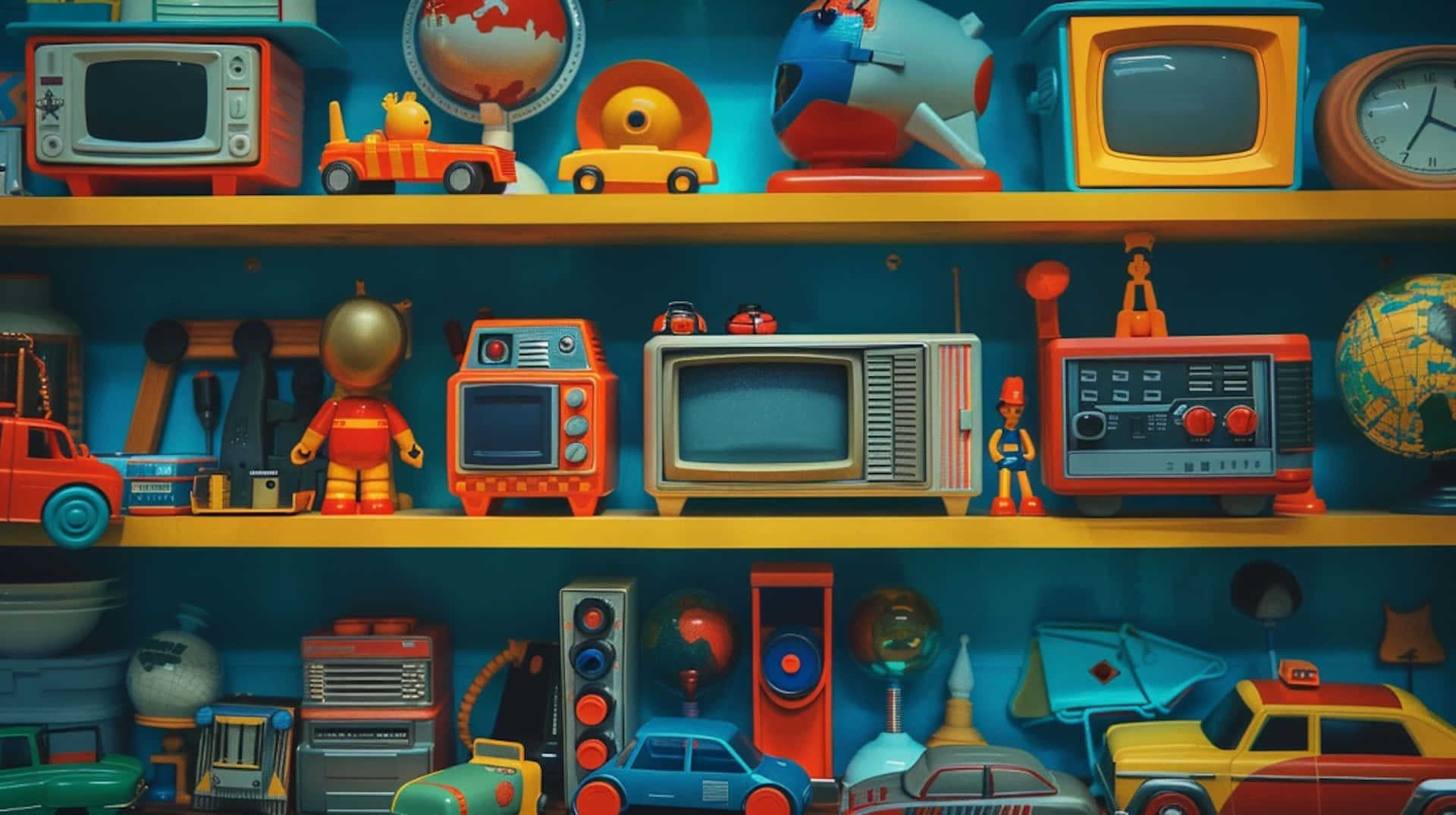 Vintage Toy Collection Shelf Display Wallpaper