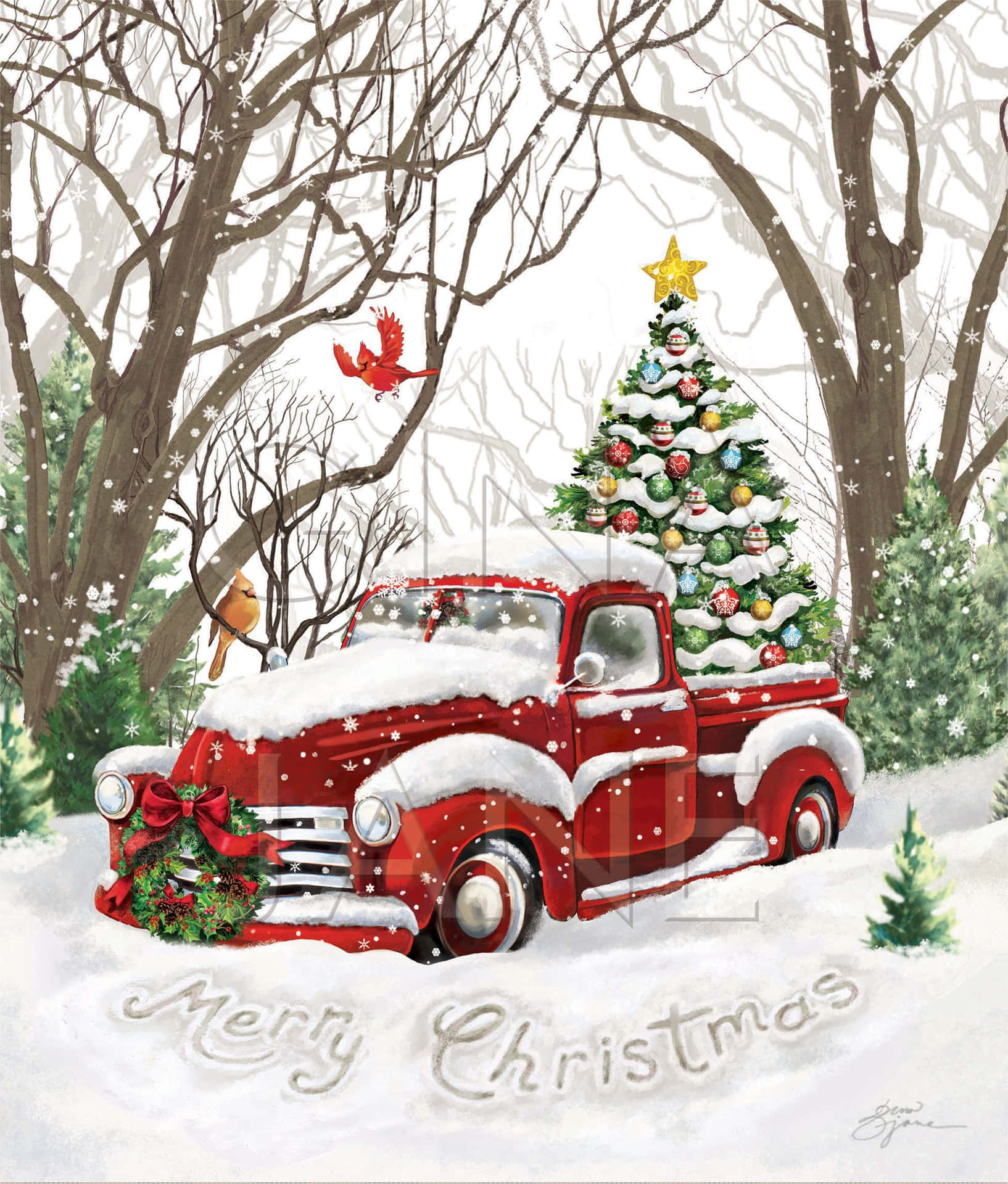 Vintage red truck bringing good cheer this holiday season Wallpaper