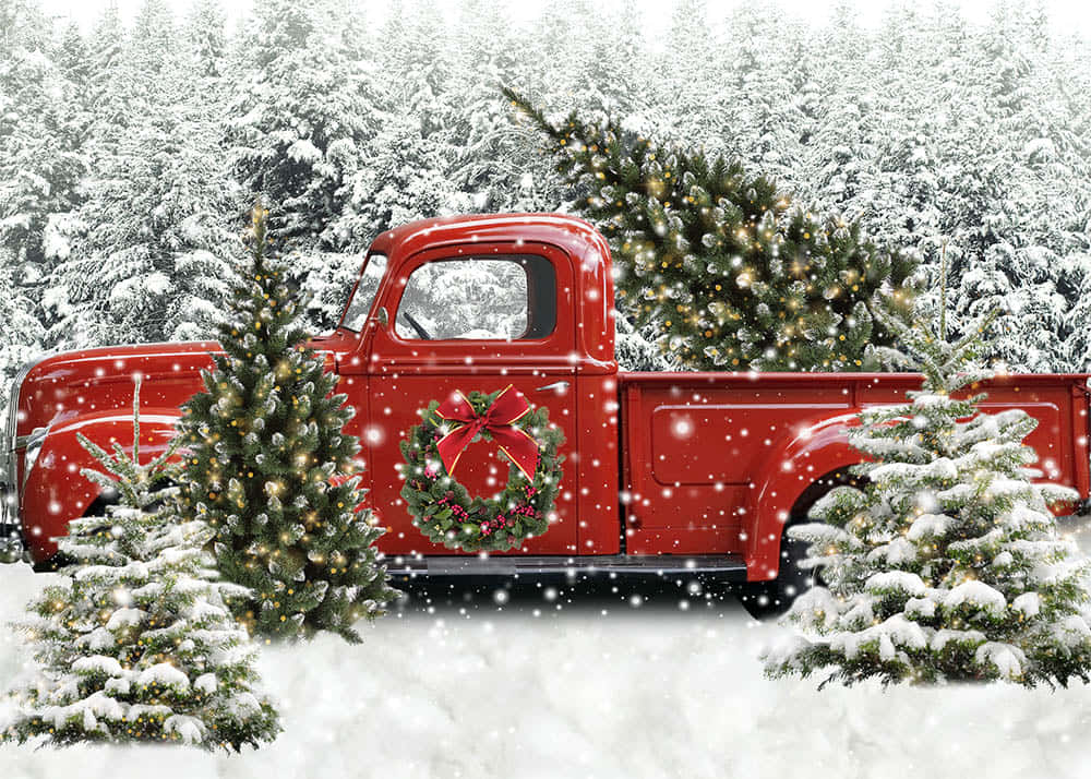 En rød vintage pickup lastbil pyntet til juletiden Wallpaper