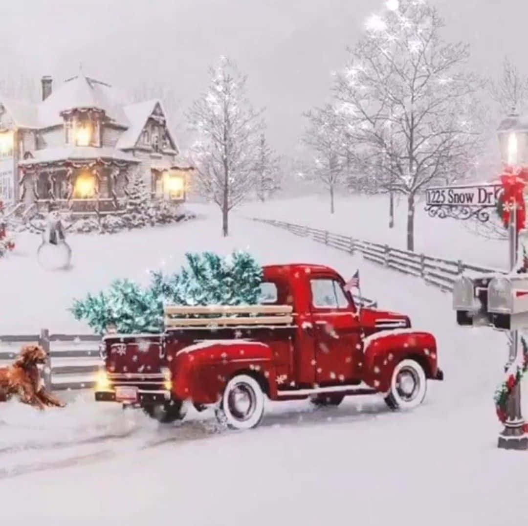 En vintage lastbil dækket med julelys klar til at ledsage Julemandens slæde Wallpaper