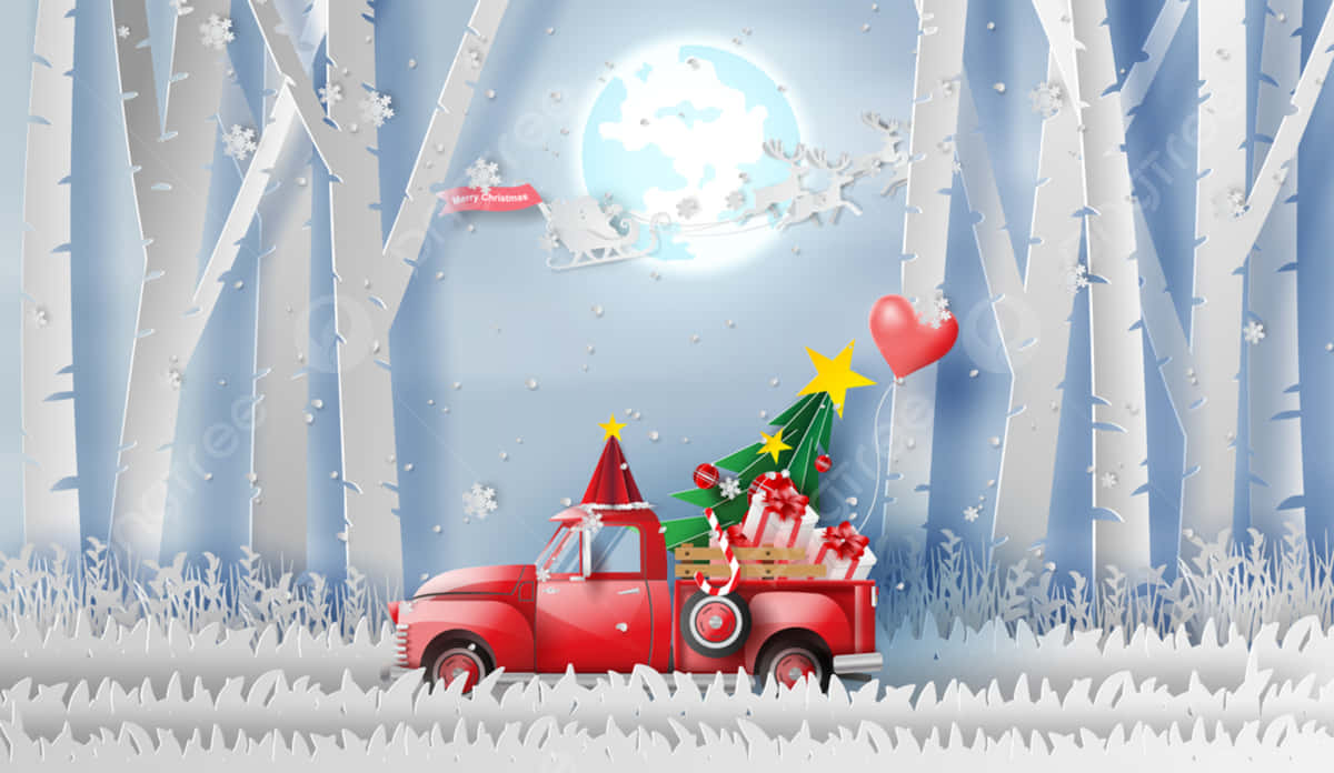 A holiday scene featuring a classic red vintage truck with snow, presents and pine trees Wallpaper