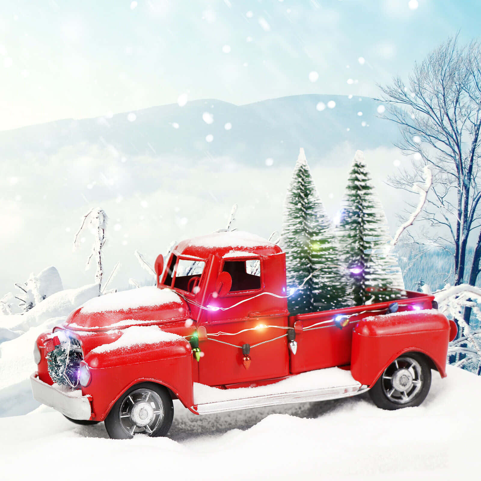 Get festive with this vintage pickup truck wrapped in Christmas lights Wallpaper
