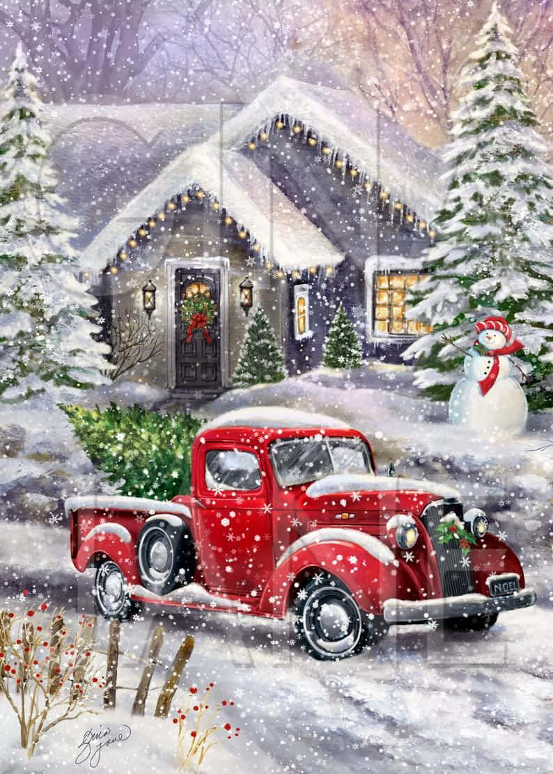 A Red Truck With Snow On The Road And A Snowman In The Snow Wallpaper