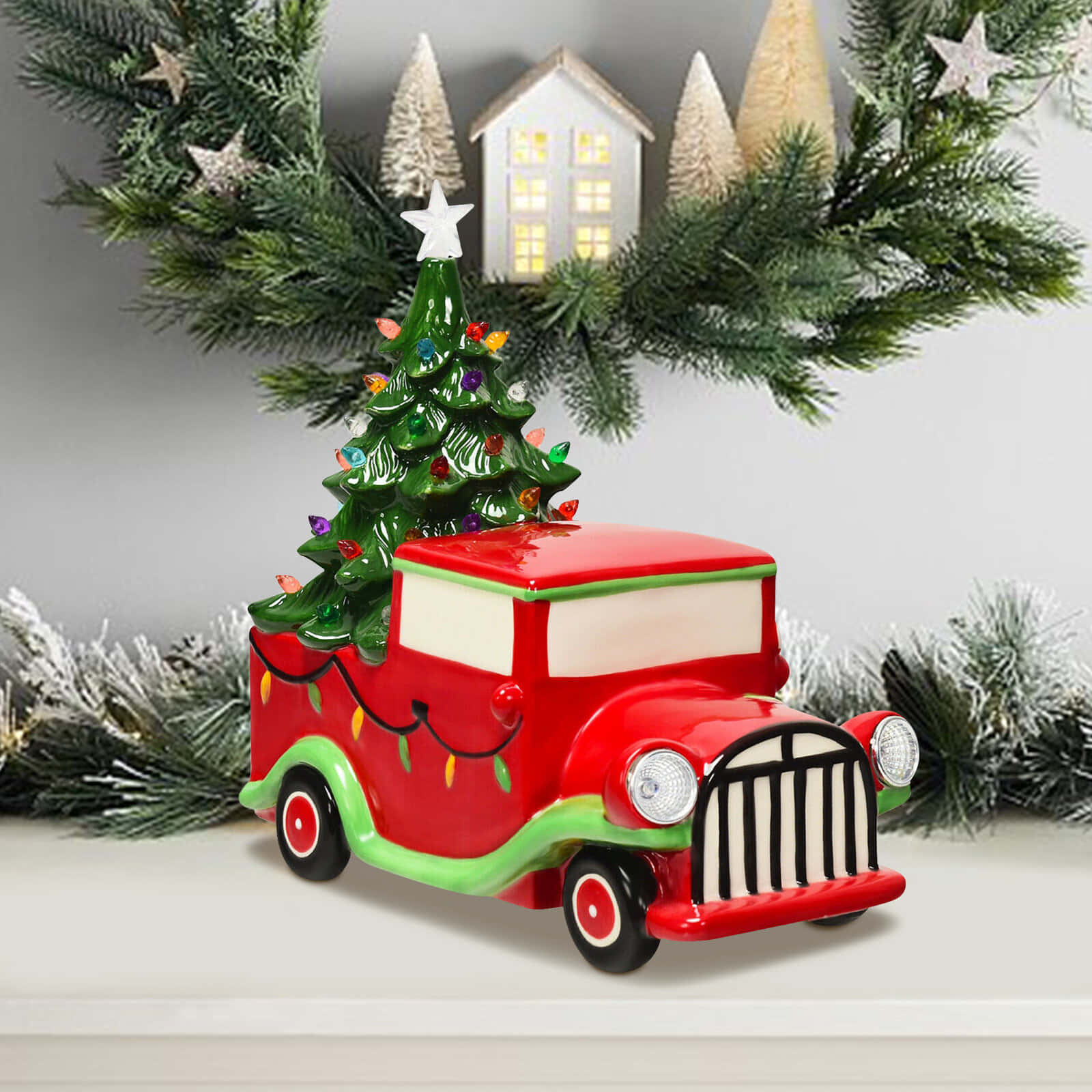 En vintage lastbil omgivet af glædelig julelys Wallpaper