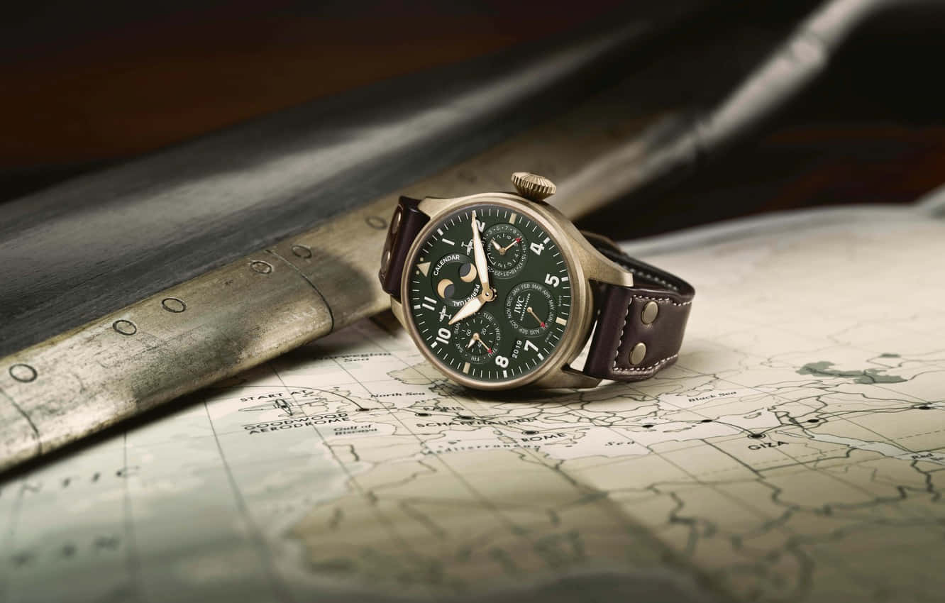 Vintage Watchon Mapwith Airplane Wing Wallpaper
