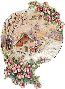 Vintage Winter Cottage Floral Frame PNG