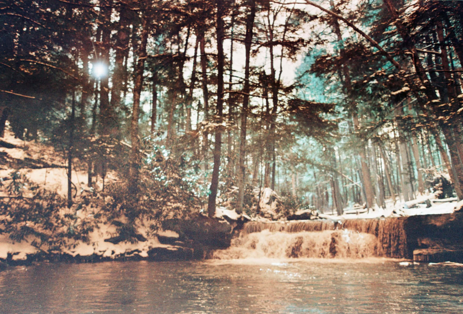 Vintage Winter Forest Waterfall Wallpaper
