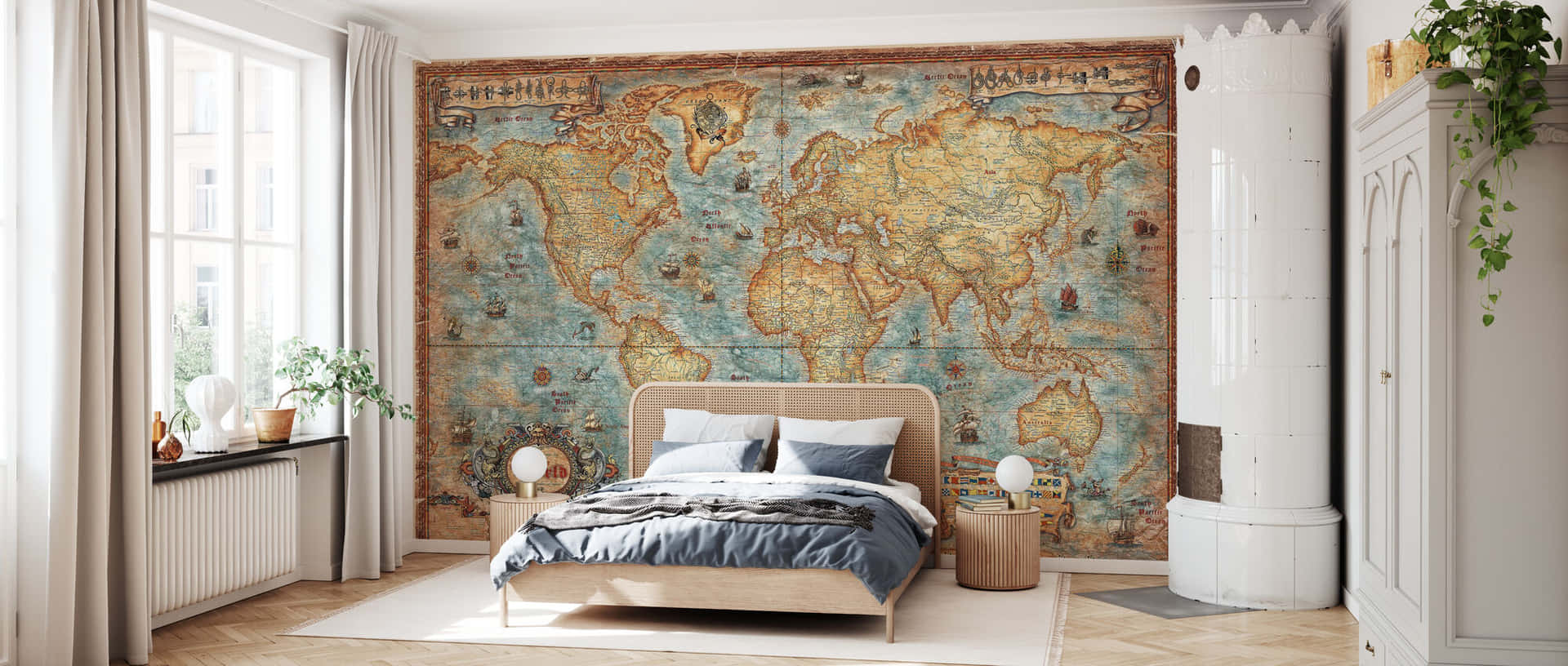 Vintage World Map Bedroom Interior Wallpaper