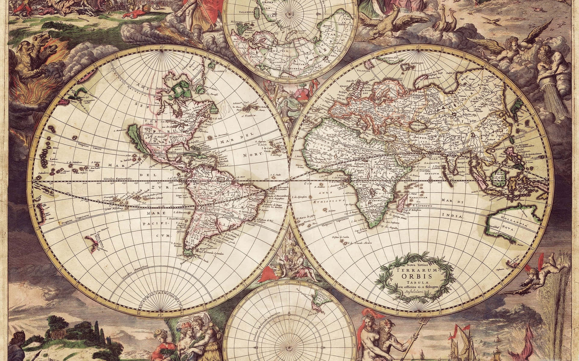 Vintage World Map Twin Hemispheres Wallpaper