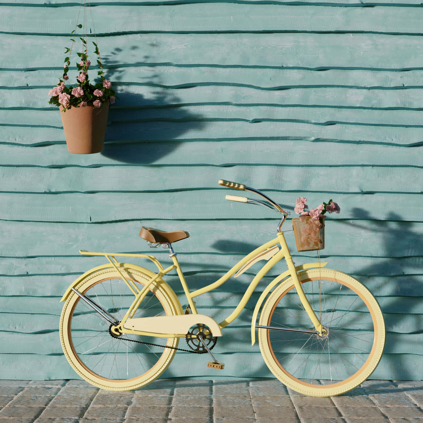 Vintage Yellow Bicycleand Potted Flowers Wallpaper