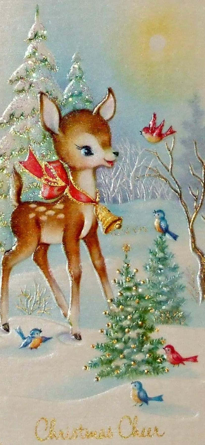 Carte De Noël Vintage Des Années 50 Avec Un Renne Fond d'écran