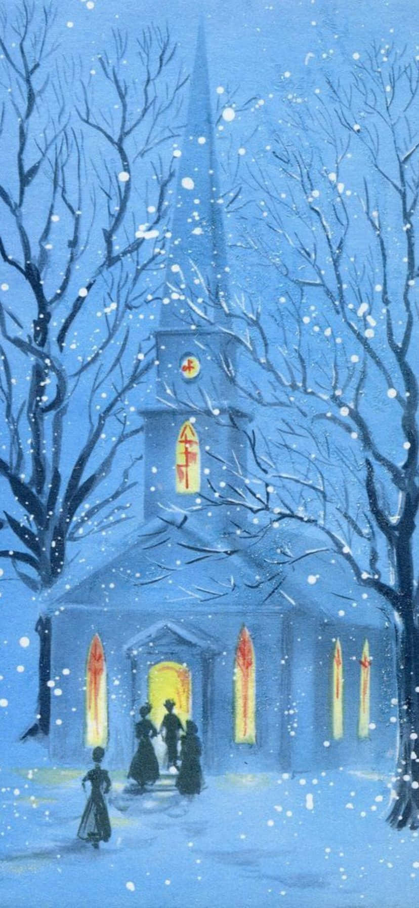 Scène De Noël Vintage Des Années 50 À L'église Fond d'écran