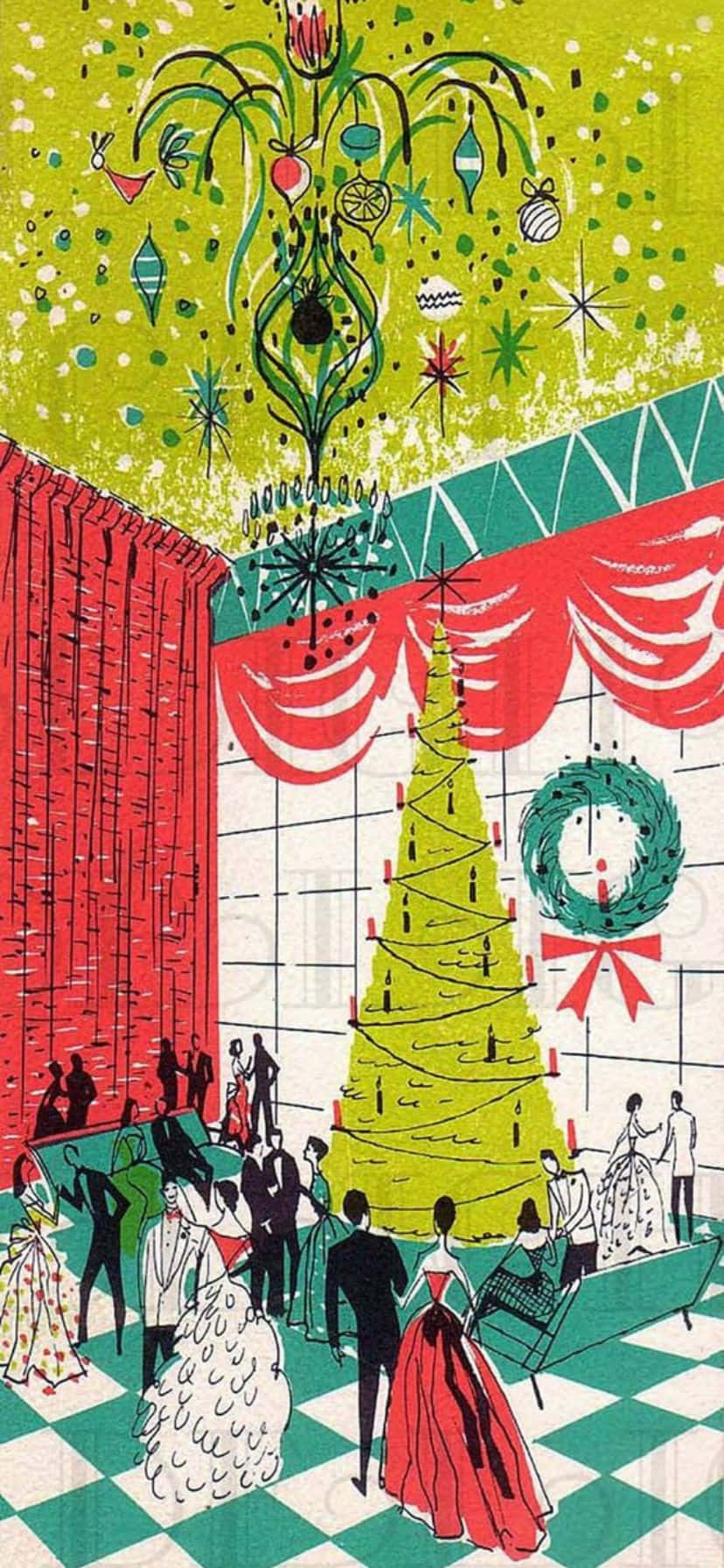 Illustration De Fête De Noël Vintage Des Années 50 Fond d'écran