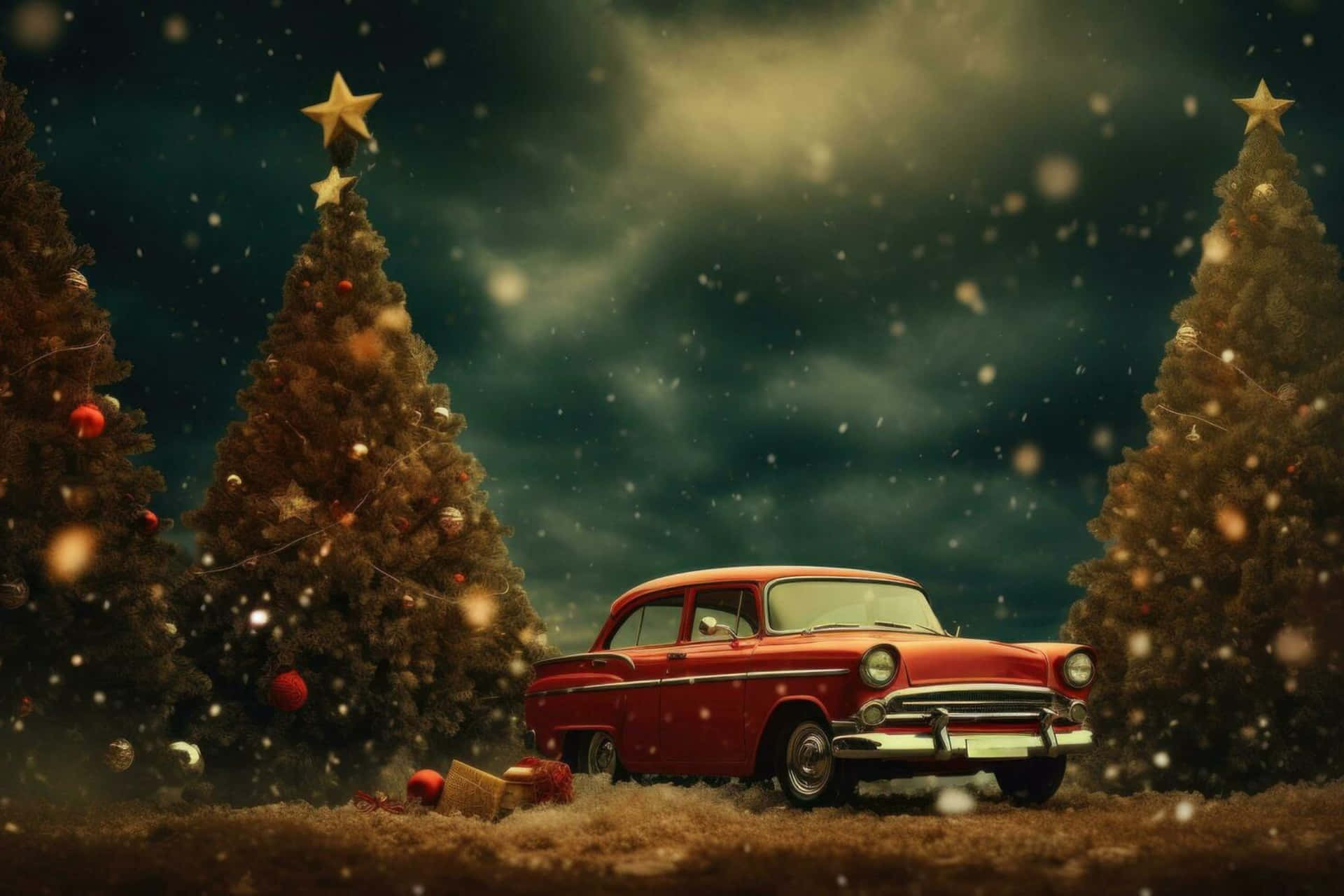 Scène De Noël Vintage Des Années 50 Avec Voiture Classique Fond d'écran