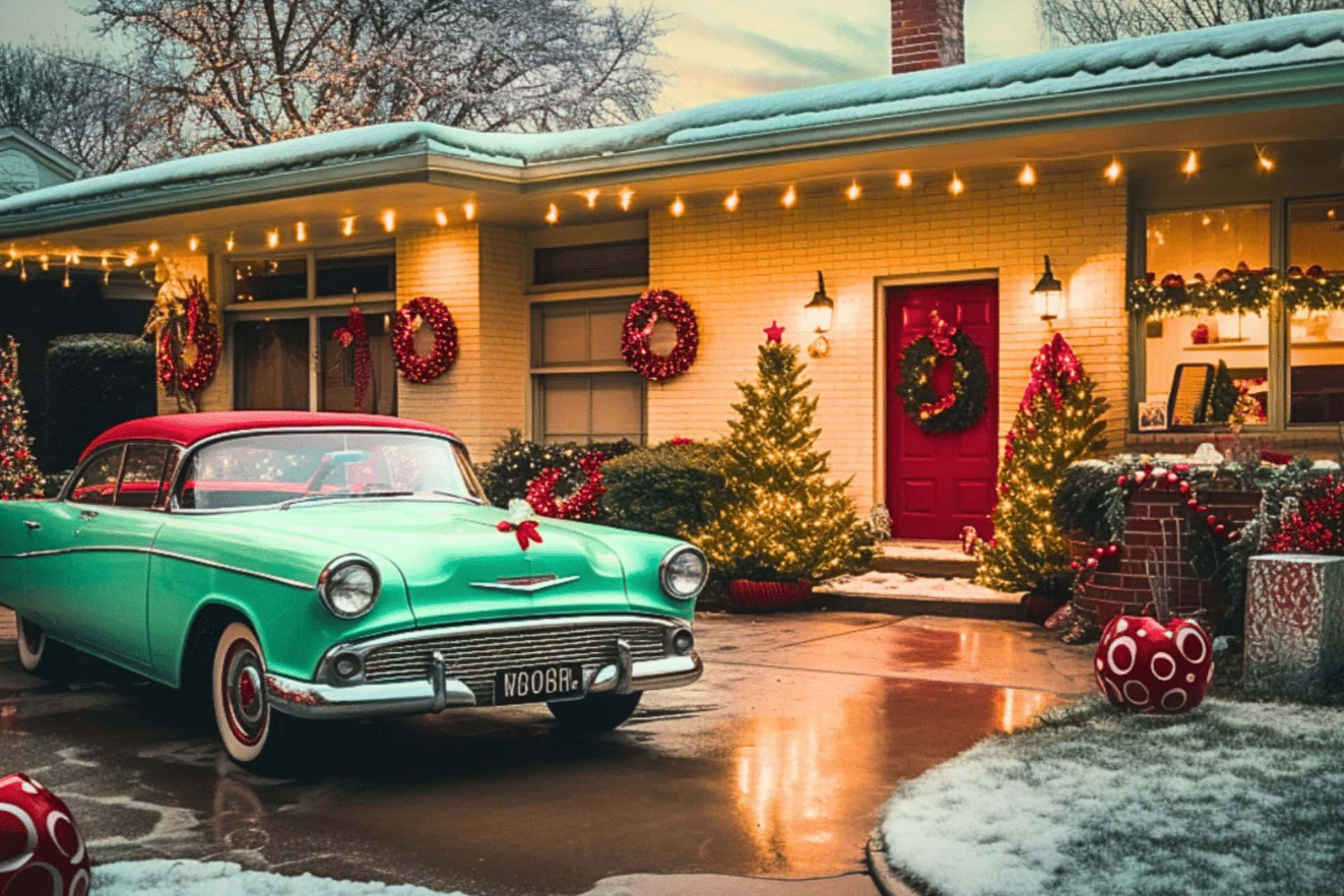 Scène De Noël Vintage Des Années 50 Avec Voiture Classique Fond d'écran