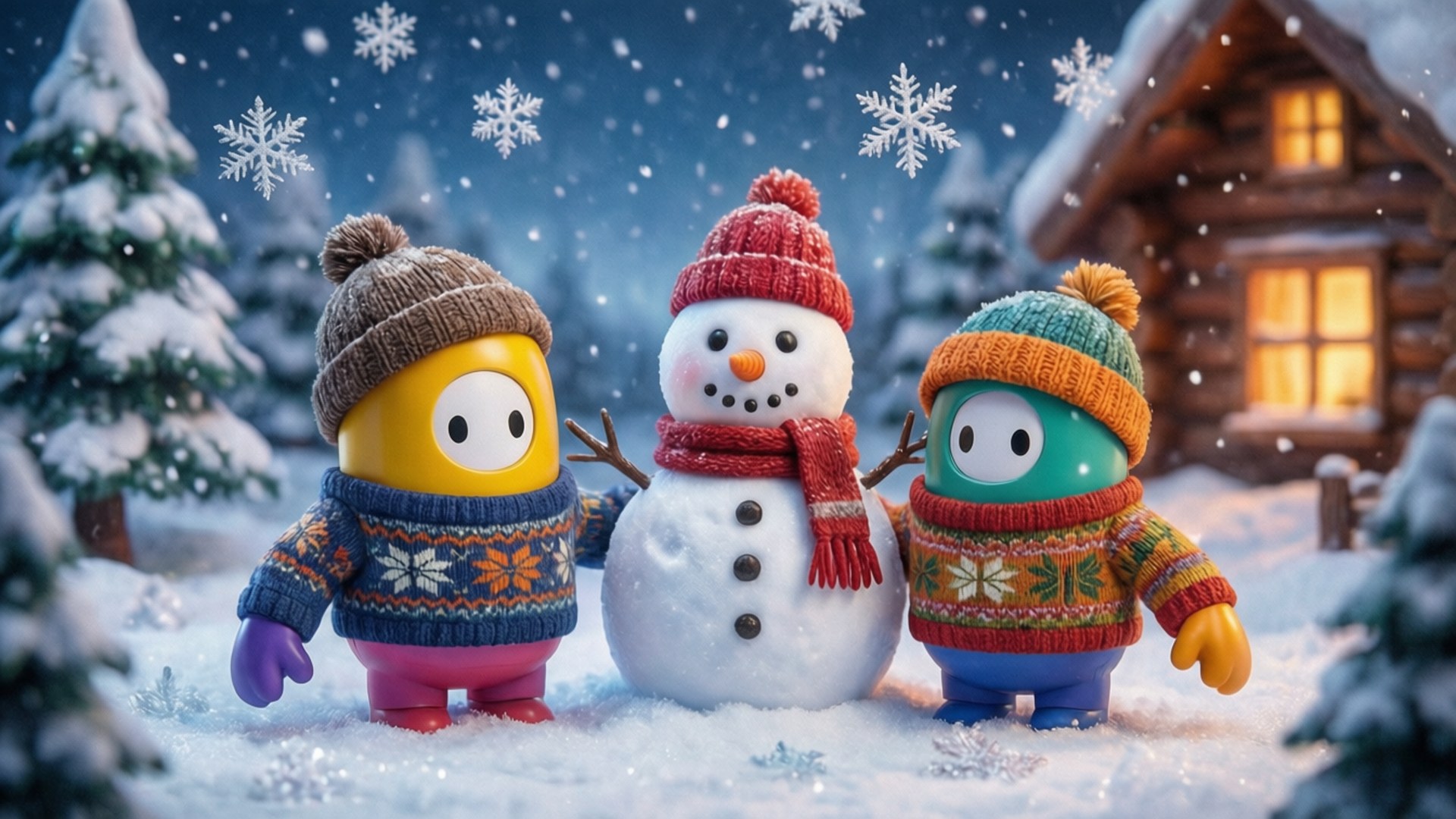 Winter Bean Fun Wallpaper — Two colorful cartoon characters in knit hats and sweaters stand beside a snowman with a red hat and scarf under falling snow near a cozy cabin.