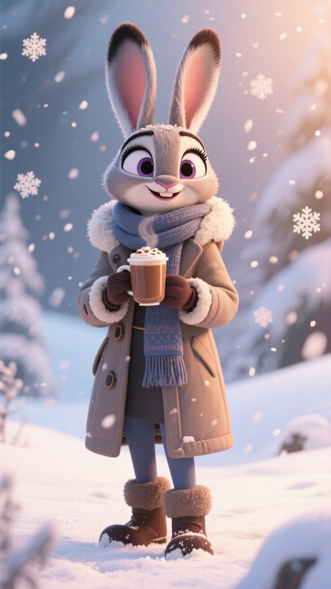 Winter Cozy Wallpaper — A cheerful animated rabbit in a winter coat and scarf holds a steaming mug of hot cocoa while snowflakes fall around her in a snowy forest.