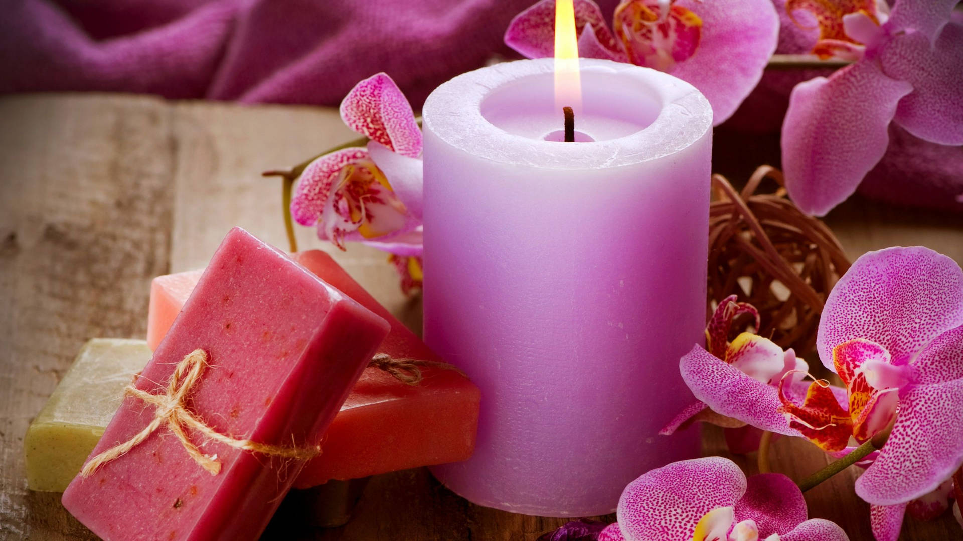 Violet Aesthetic Candles And Orchids Wallpaper