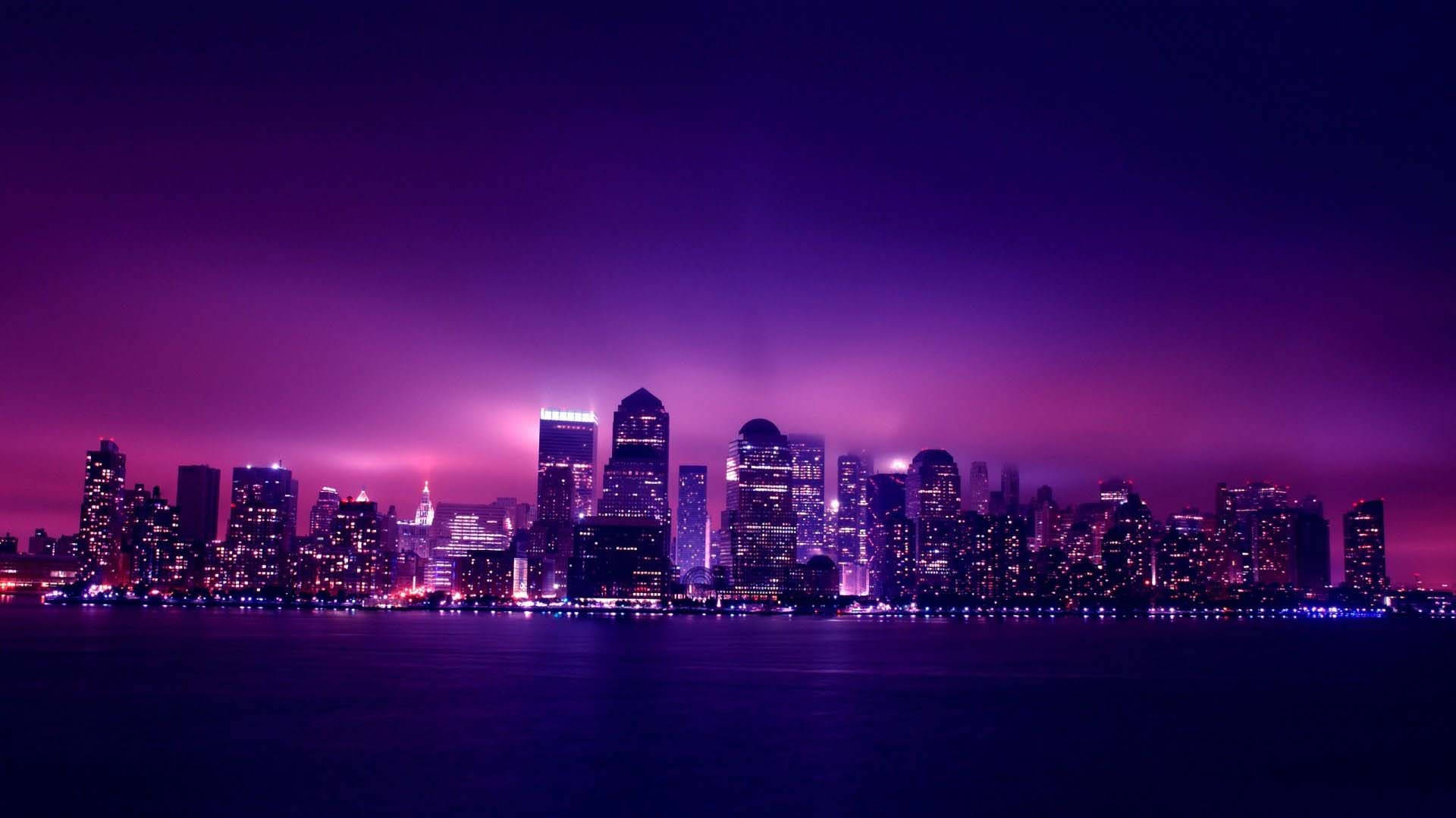 Violet Aesthetic Cityscape At Night Wallpaper