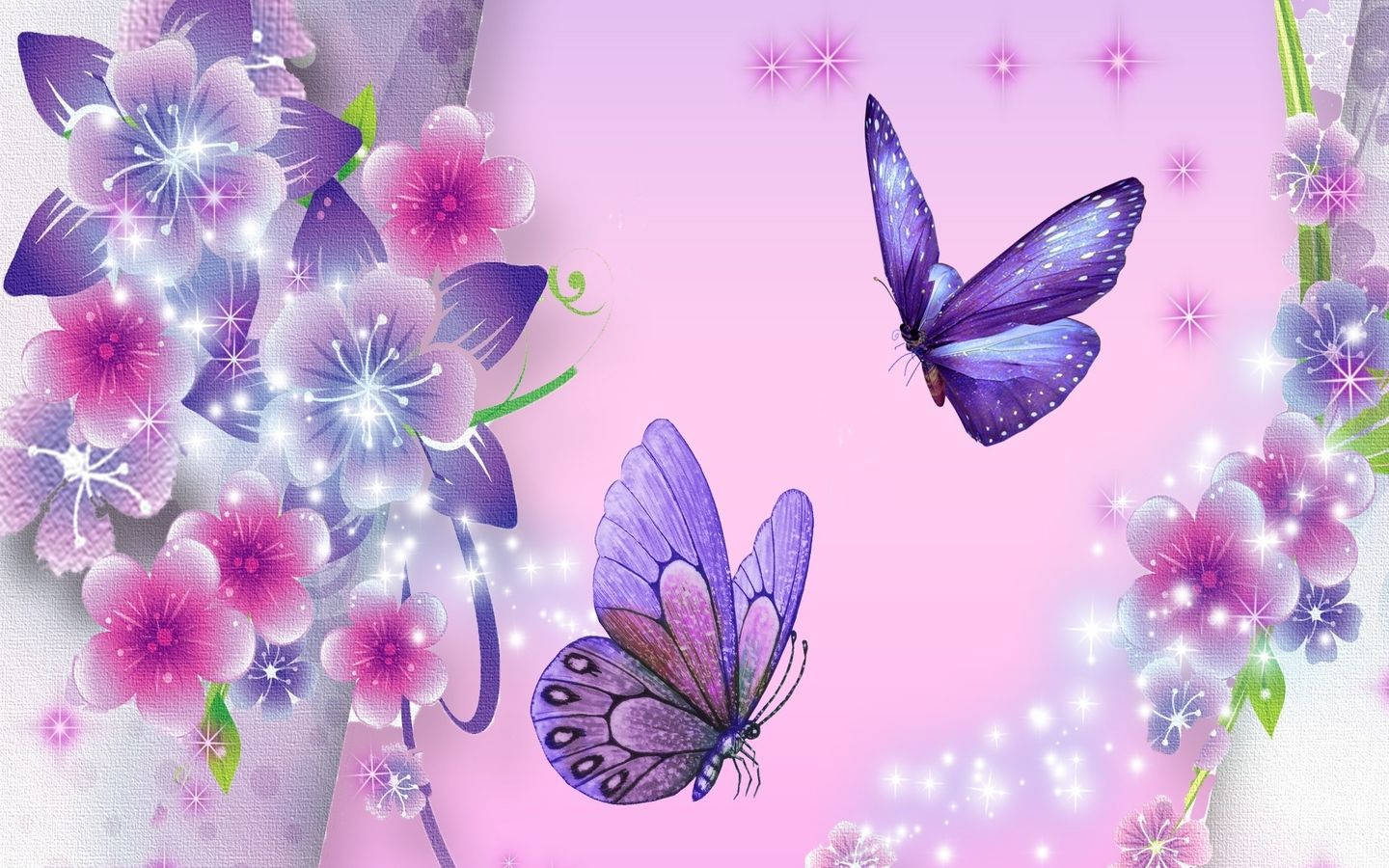 A beautiful violet butterfly graces a delicate flower Wallpaper