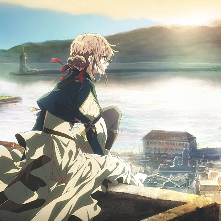 Enjoy the view of the ocean with Violet Evergarden in the background Wallpaper