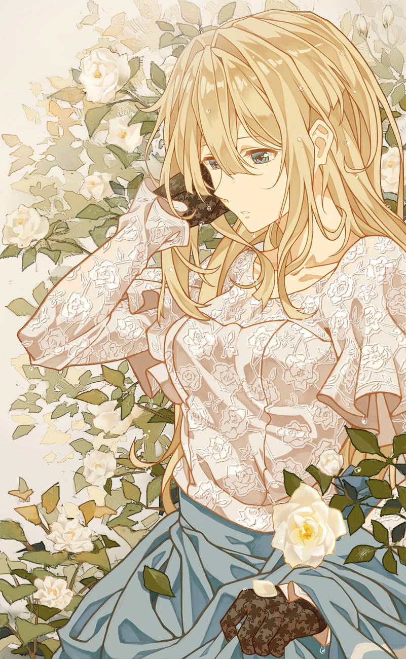 "Violet Evergarden Standing With A Bunch Of White Roses" Wallpaper