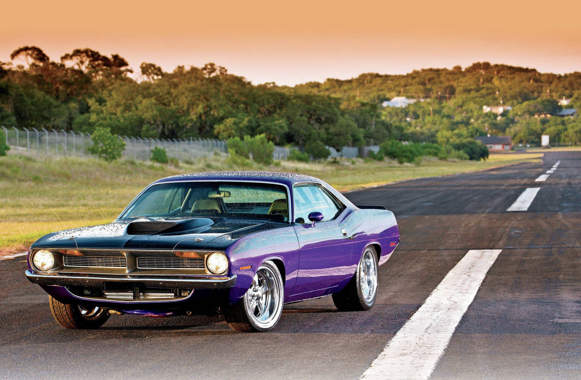 Violet Plymouth Barracuda On The Road Wallpaper