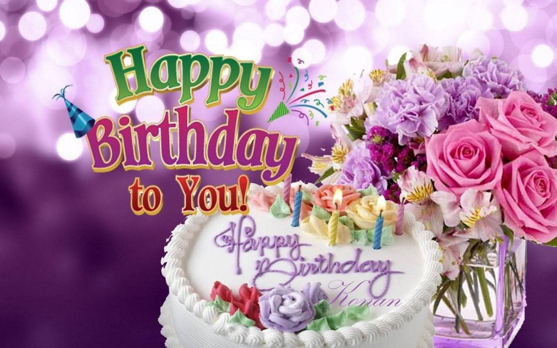 Violet-themed Happy Birthday Flower Wallpaper