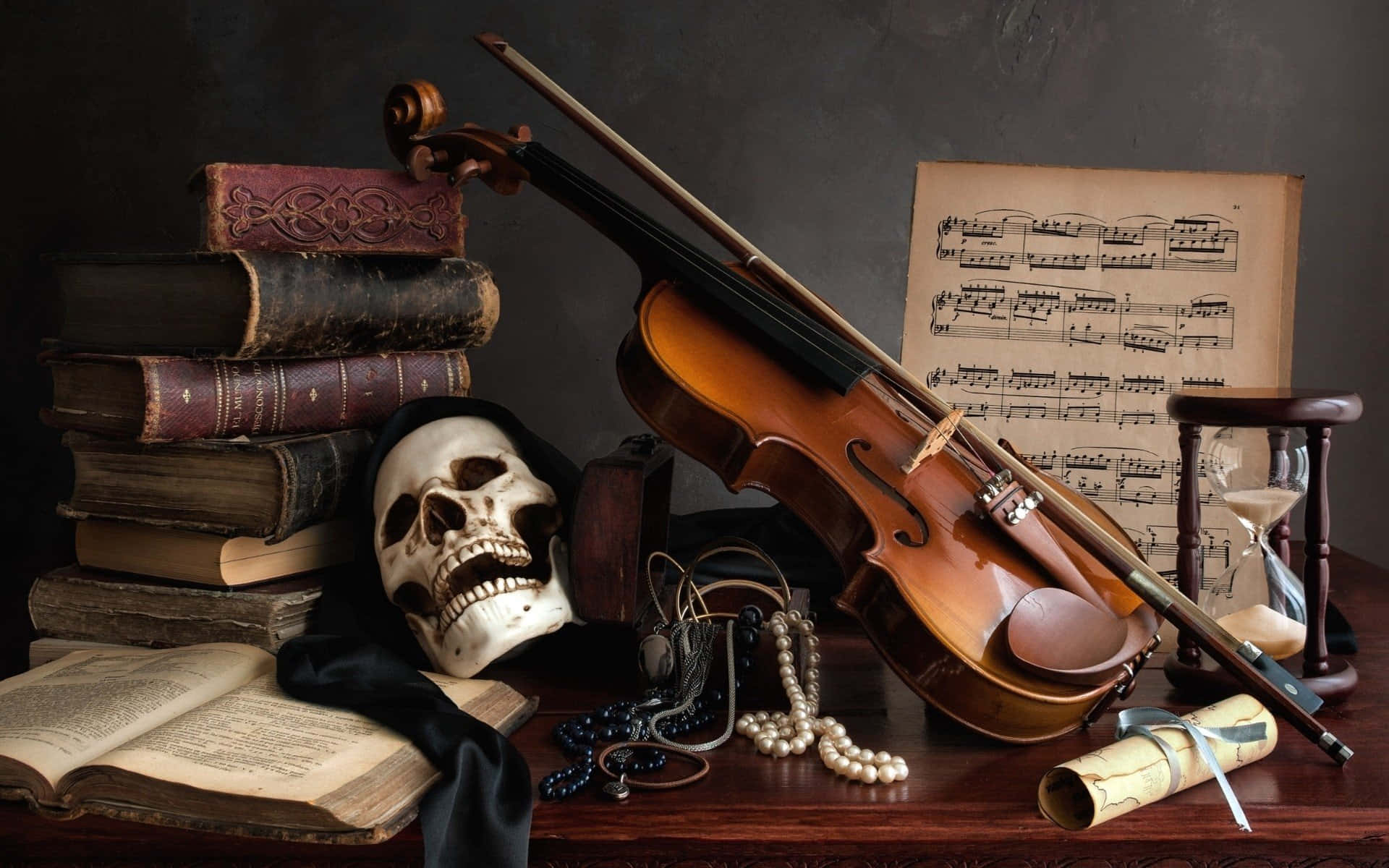 Bildmit Einem Schädel Und Einer Geige Auf Dem Tisch