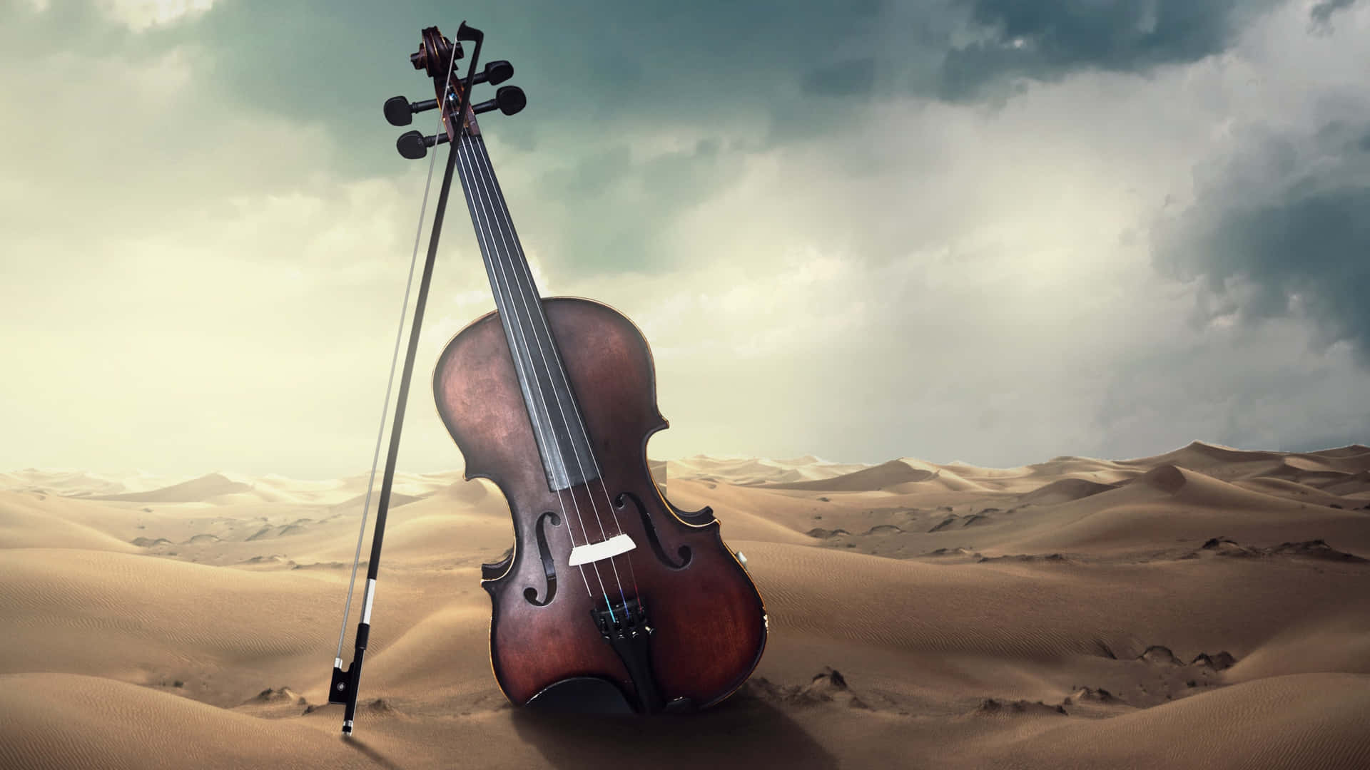 Violin og bue i ørkenbillede