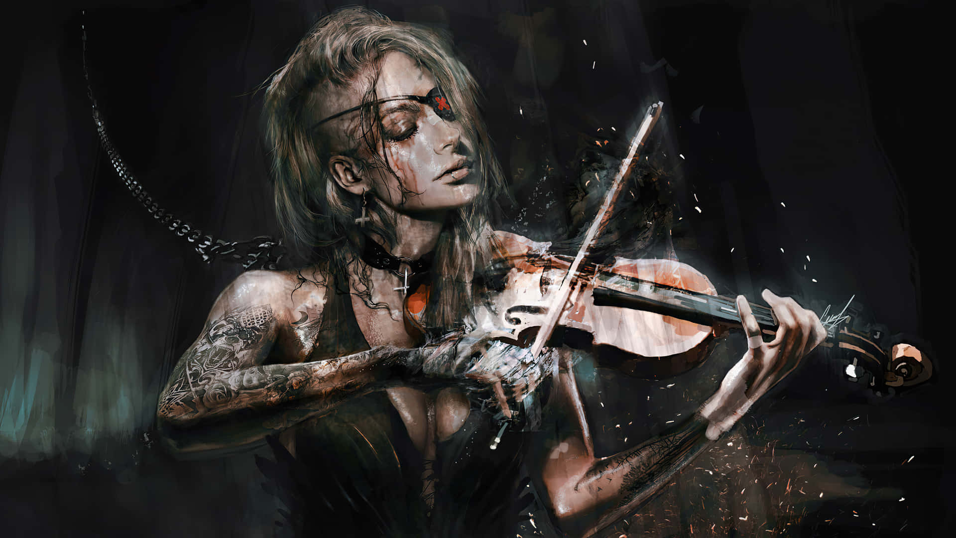 Bildeines Mädchens Mit Einem Tattoo, Das Geige Spielt.