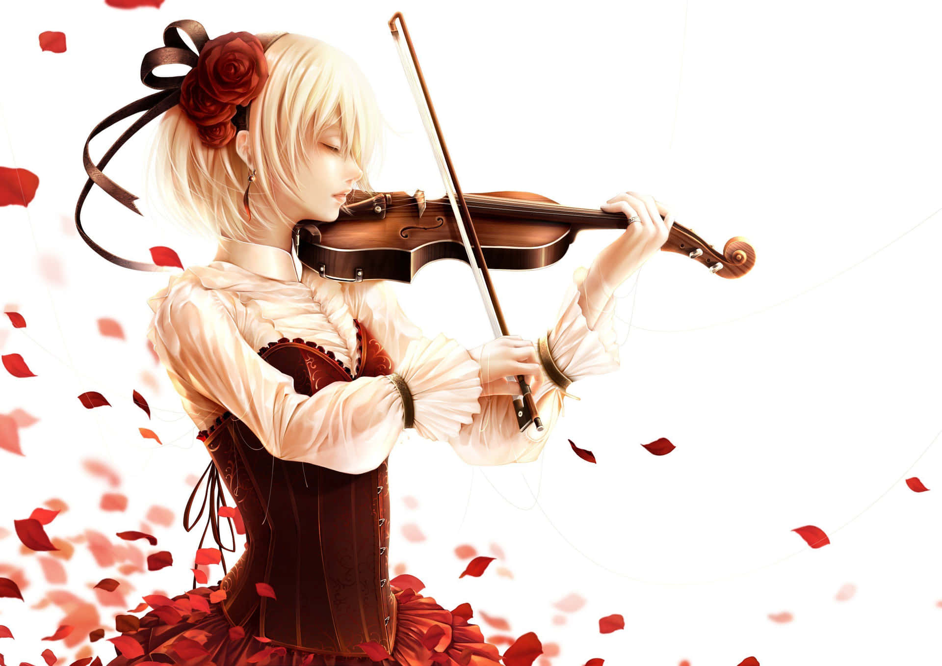 Bildeines Anime-mädchens Mit Einer Rose, Das Violine Spielt.