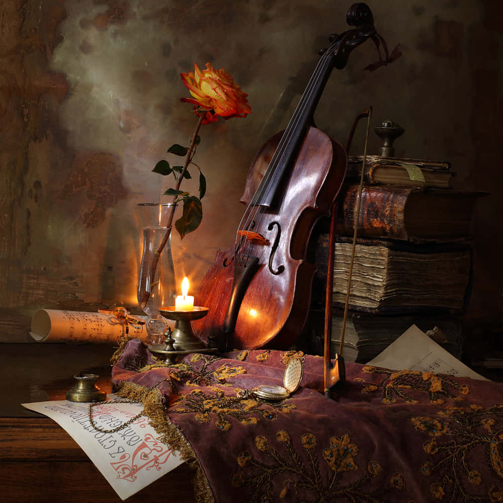 Violin With Flower And Candle Picture
