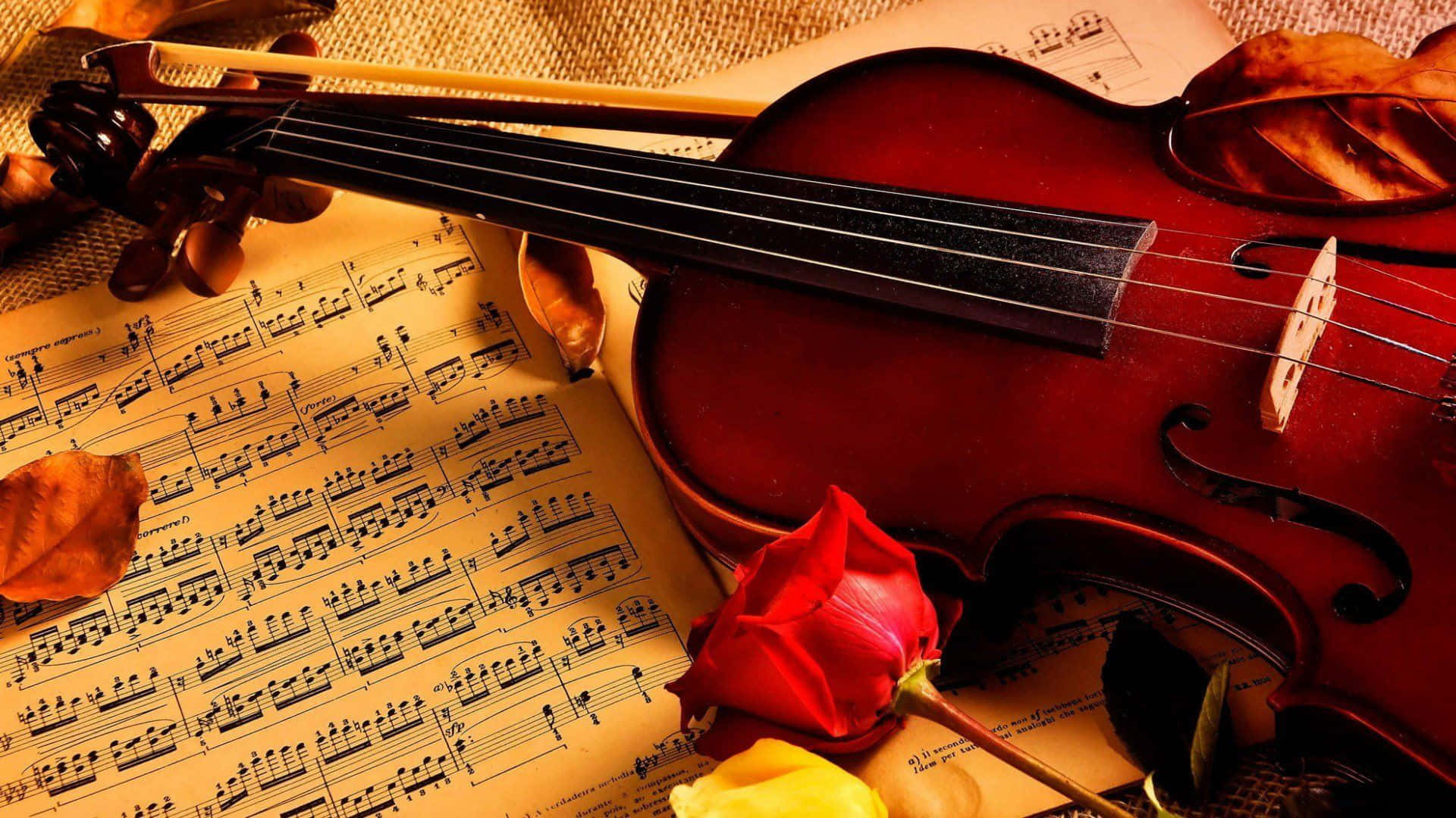 Download Wooden Chordophone Violin Instrument Music Sheet And Rose Wallpaper  