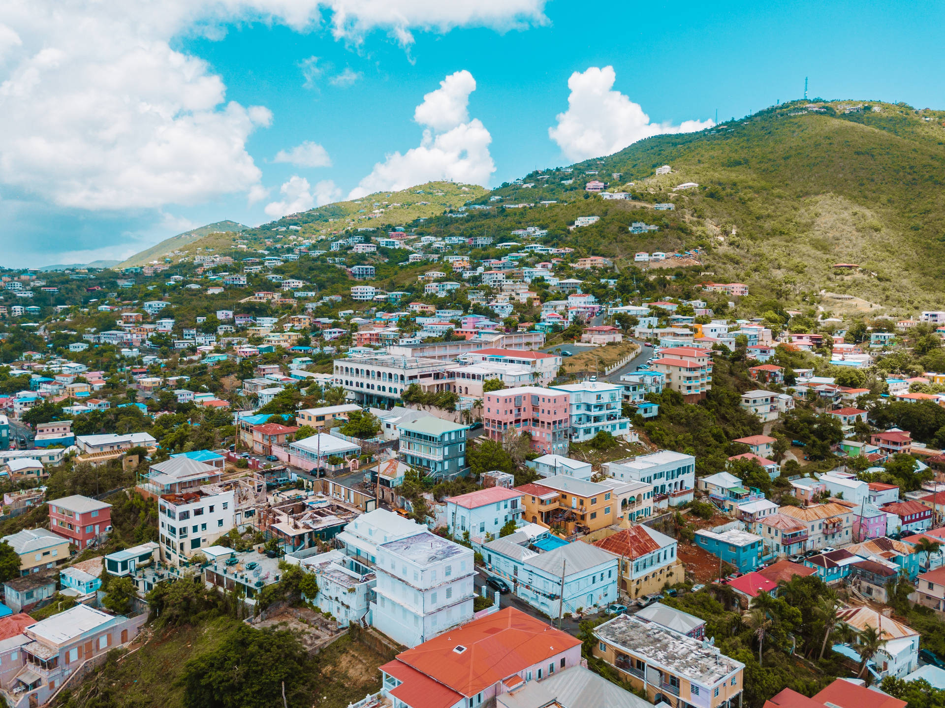 Fascinating Aerial View of a Neighborhood in St. Thomas, Virgin Islands Wallpaper