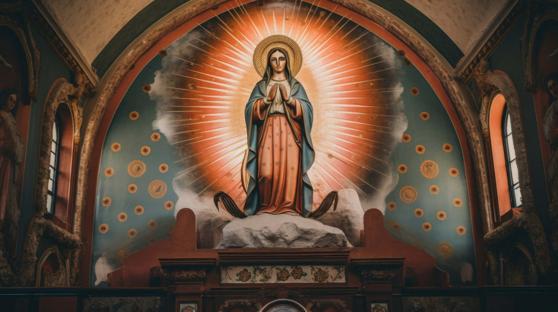 Virginof Guadalupe Statue Church Altar Wallpaper