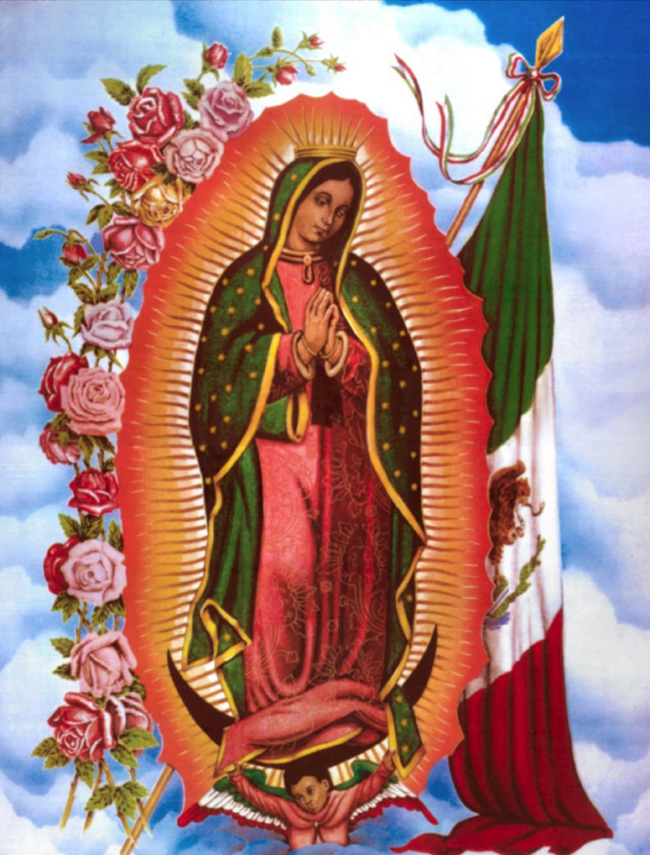 Virginof Guadalupewith Rosesand Mexican Flag Wallpaper