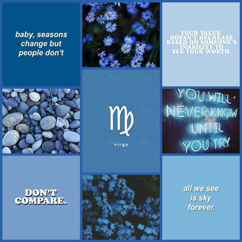 En collage af blå blomster og blå ord Wallpaper