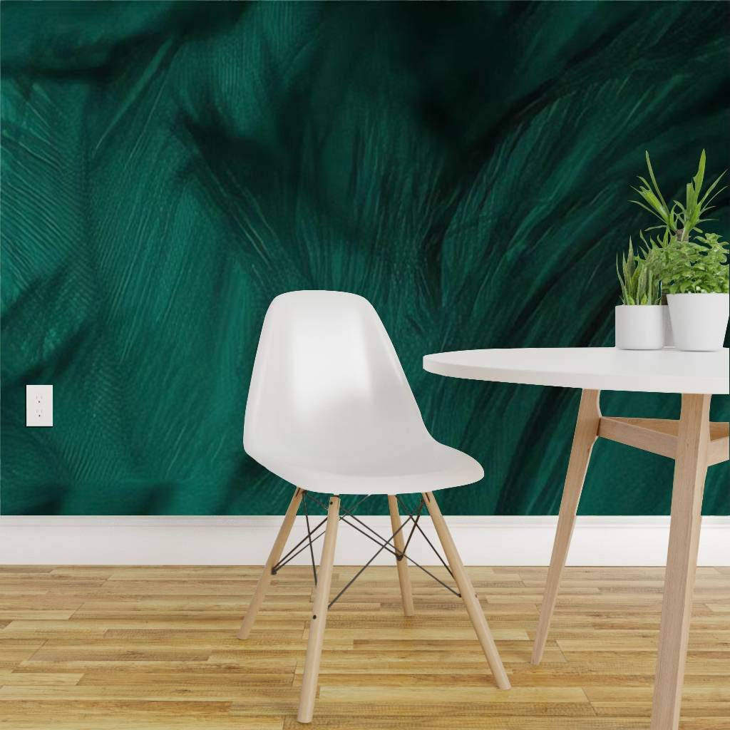 A Dining Room With A Green Wall Mural Wallpaper