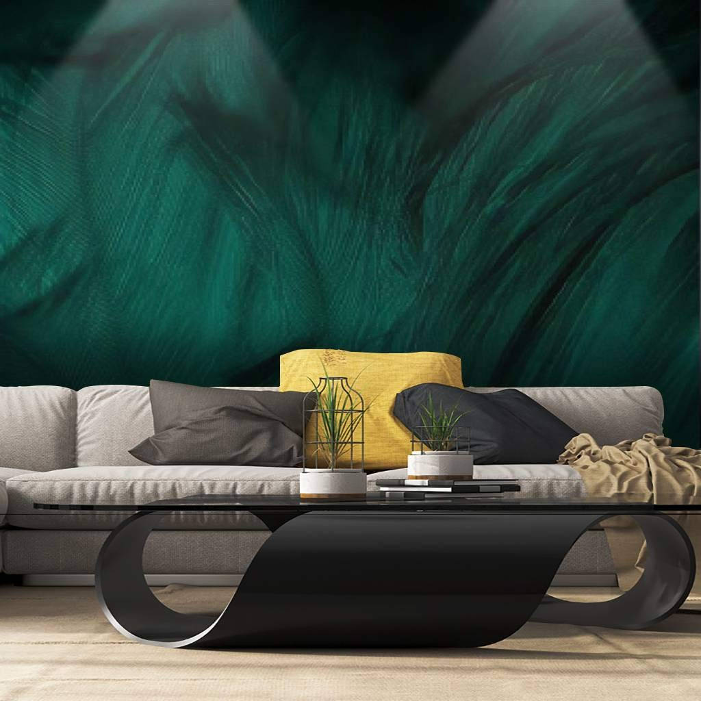 A Living Room With A Green Wall Mural Wallpaper