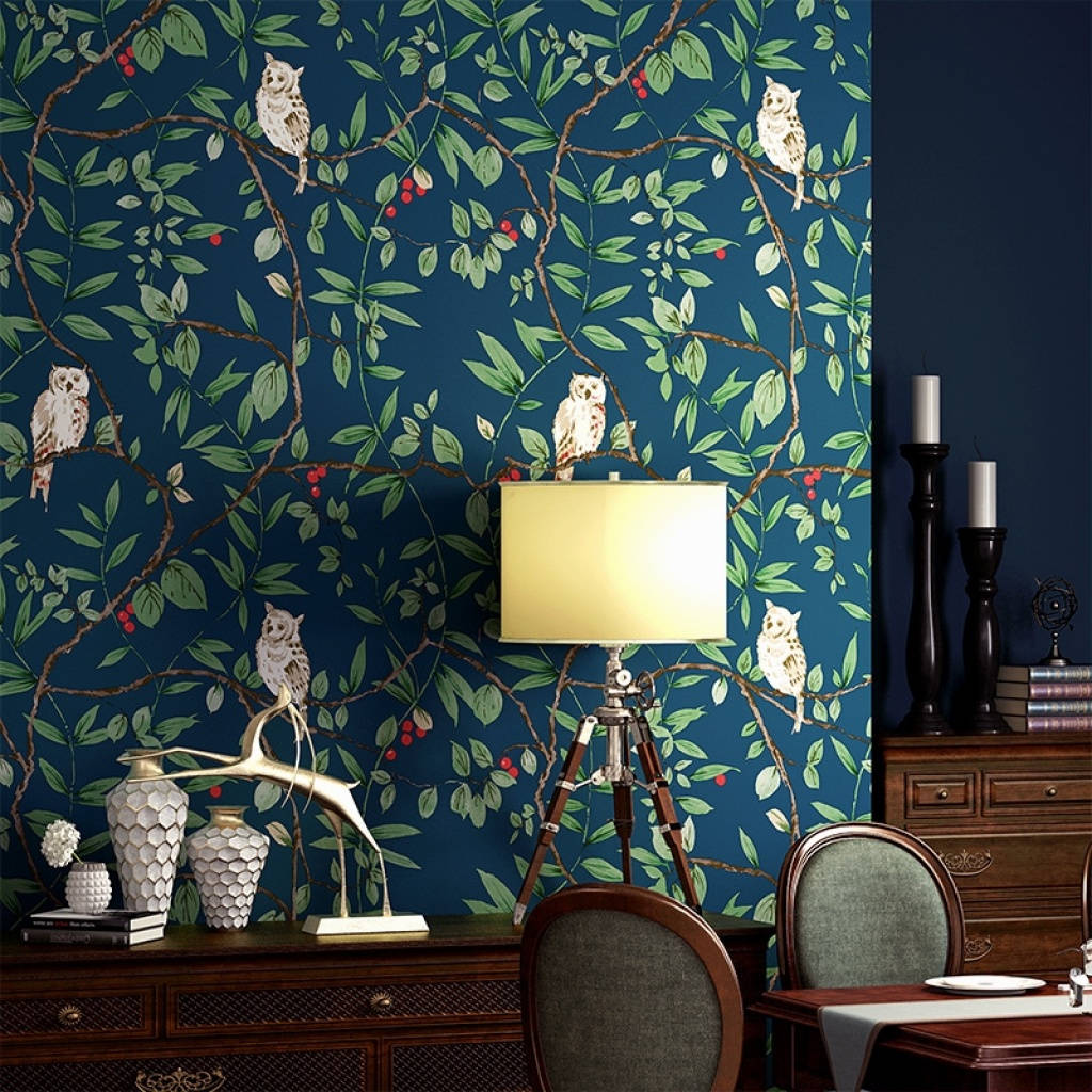A Dining Room With A Blue Wallpaper And A Table Wallpaper
