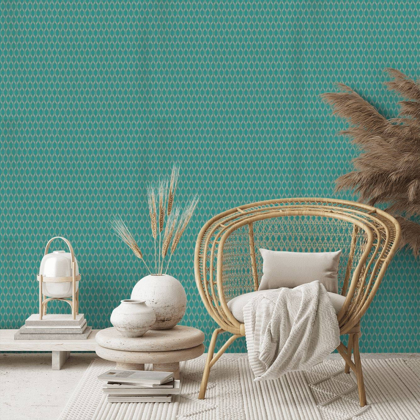 A Living Room With A Teal Wallpaper And A Wicker Chair Wallpaper