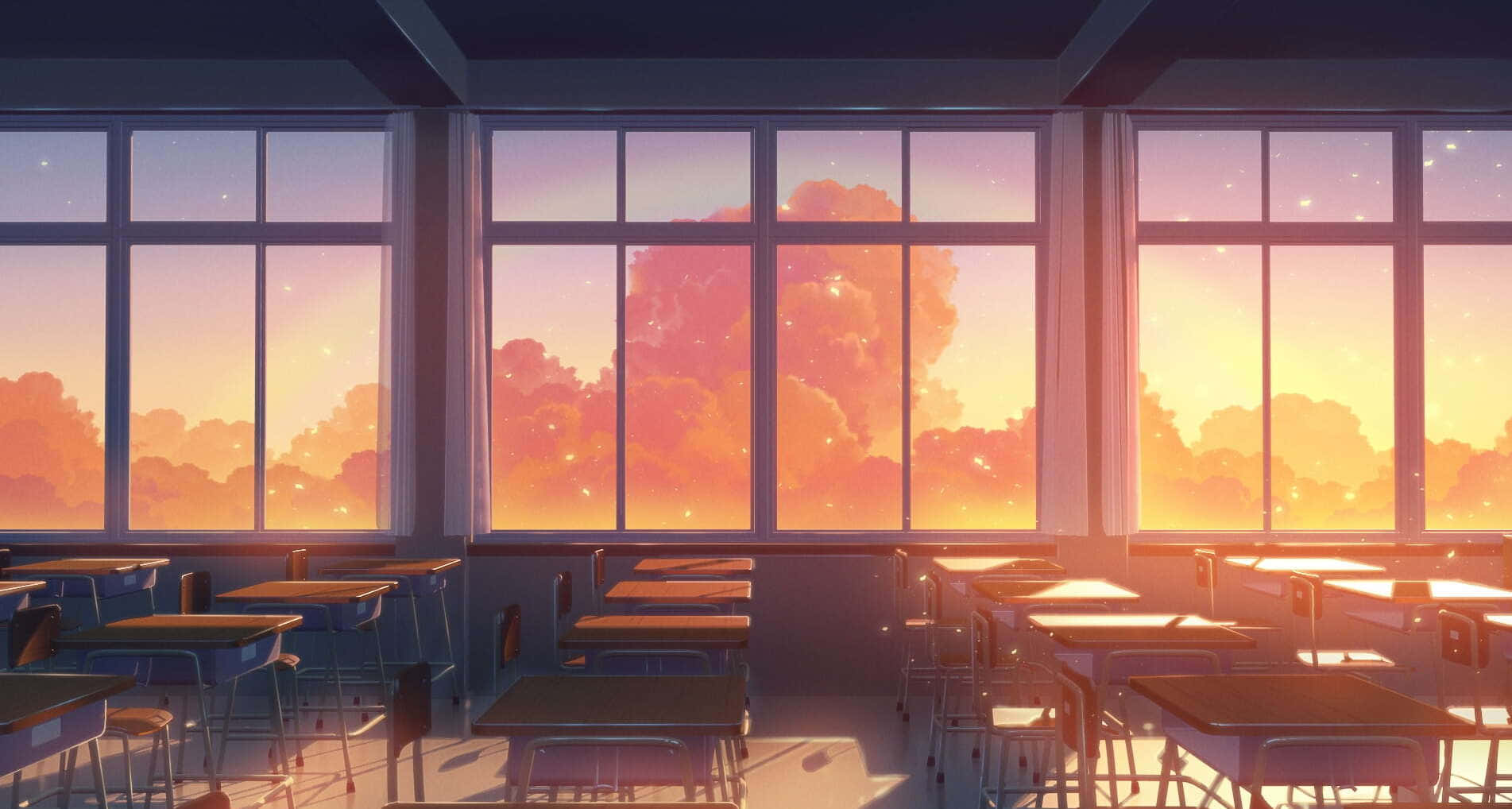 A Classroom With Windows And A Sunset