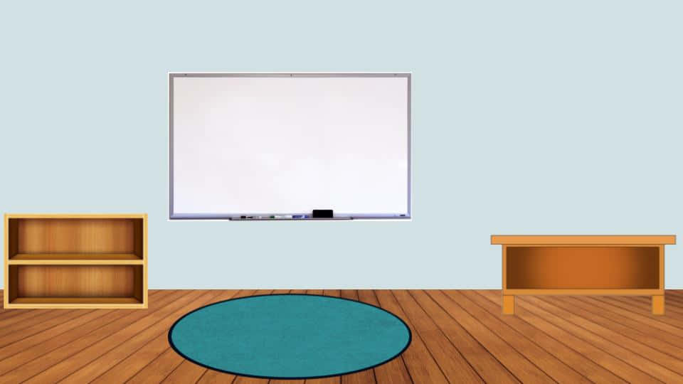 A Room With A White Board And A Blue Rug
