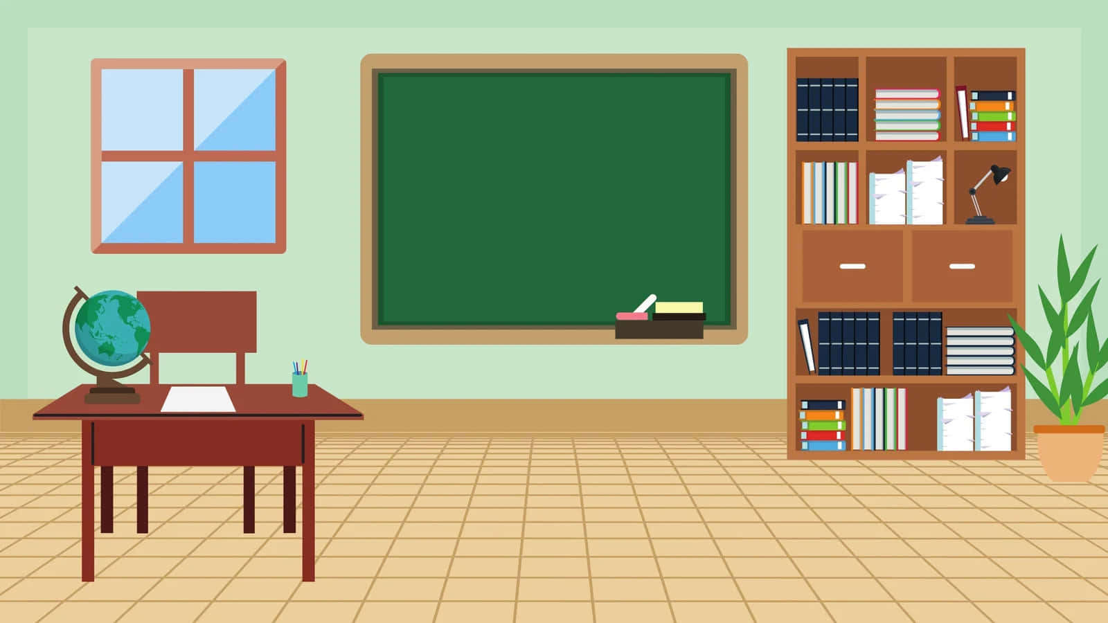 A Classroom With A Desk, Bookshelf And Chalkboard